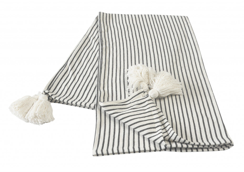 50" X 60" Gray and White Woven Cotton Striped Throw Blanket with Tassels