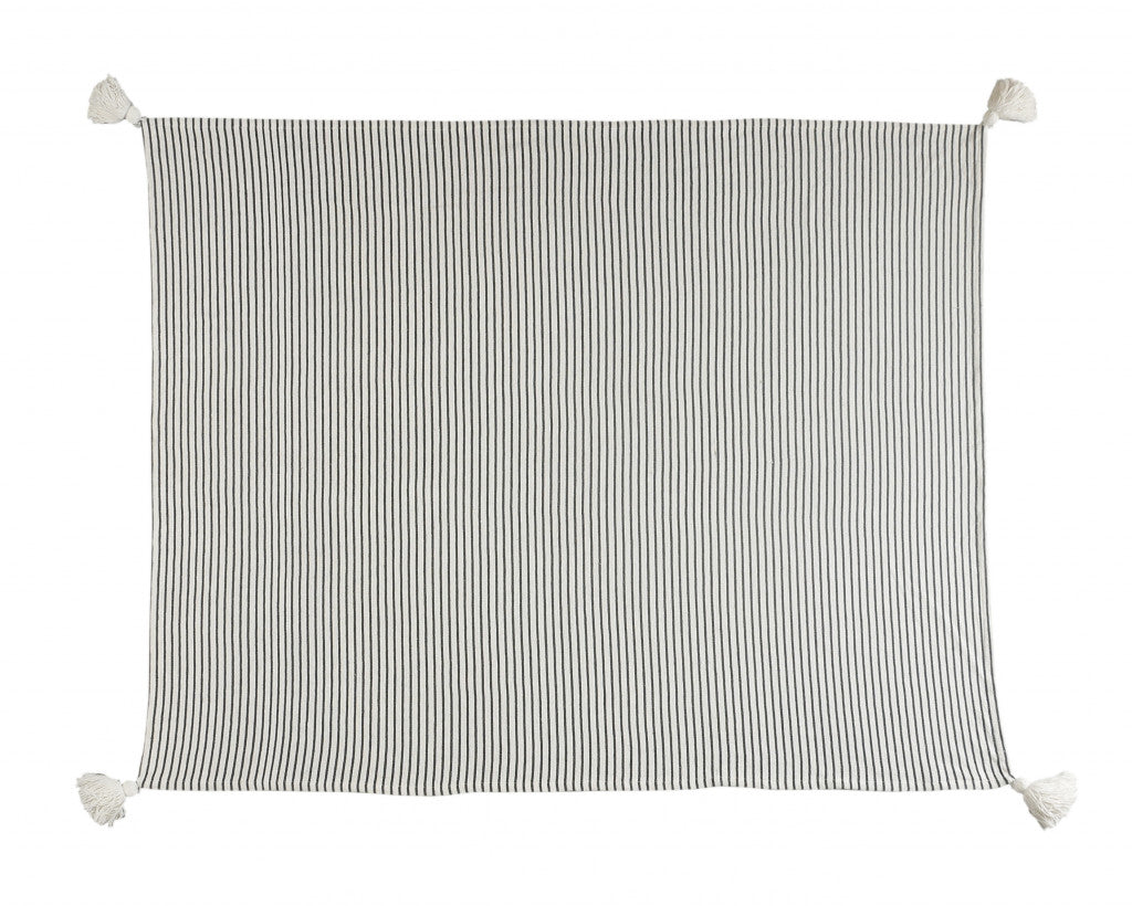 50" X 60" Gray and White Woven Cotton Striped Throw Blanket with Tassels