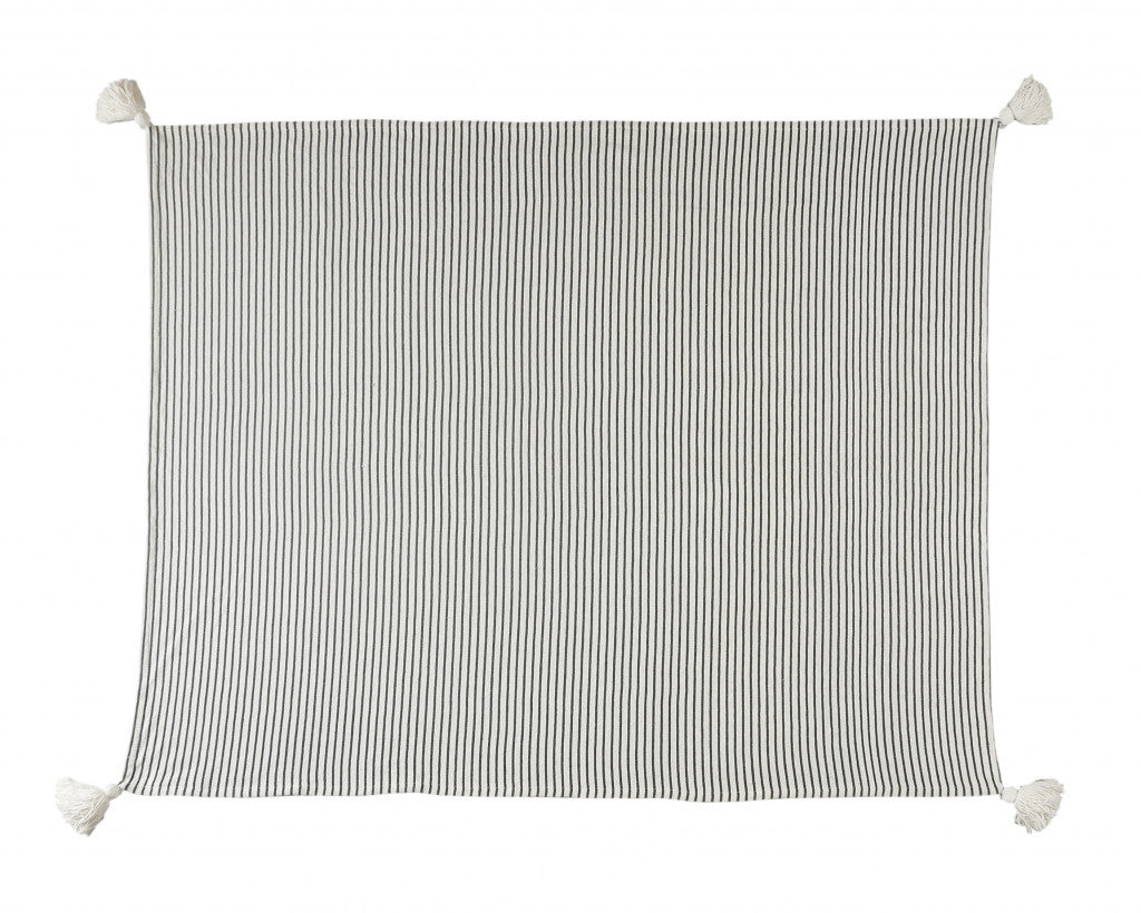 50" X 60" Gray and White Woven Cotton Striped Throw Blanket with Tassels