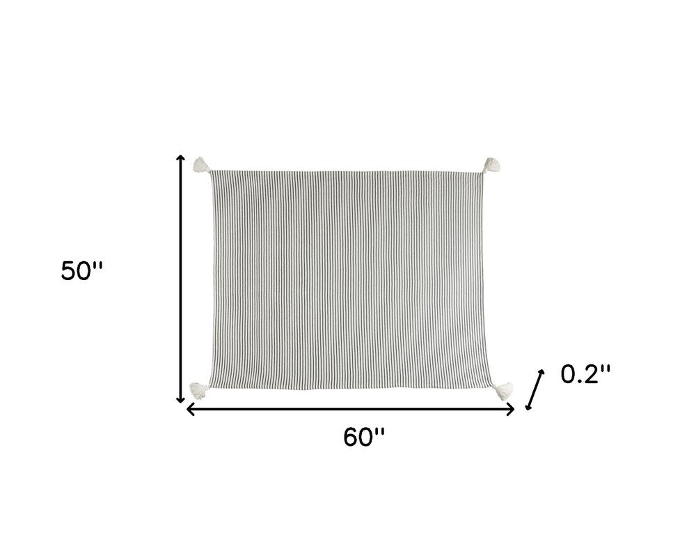 50" X 60" Gray and White Woven Cotton Striped Throw Blanket with Tassels