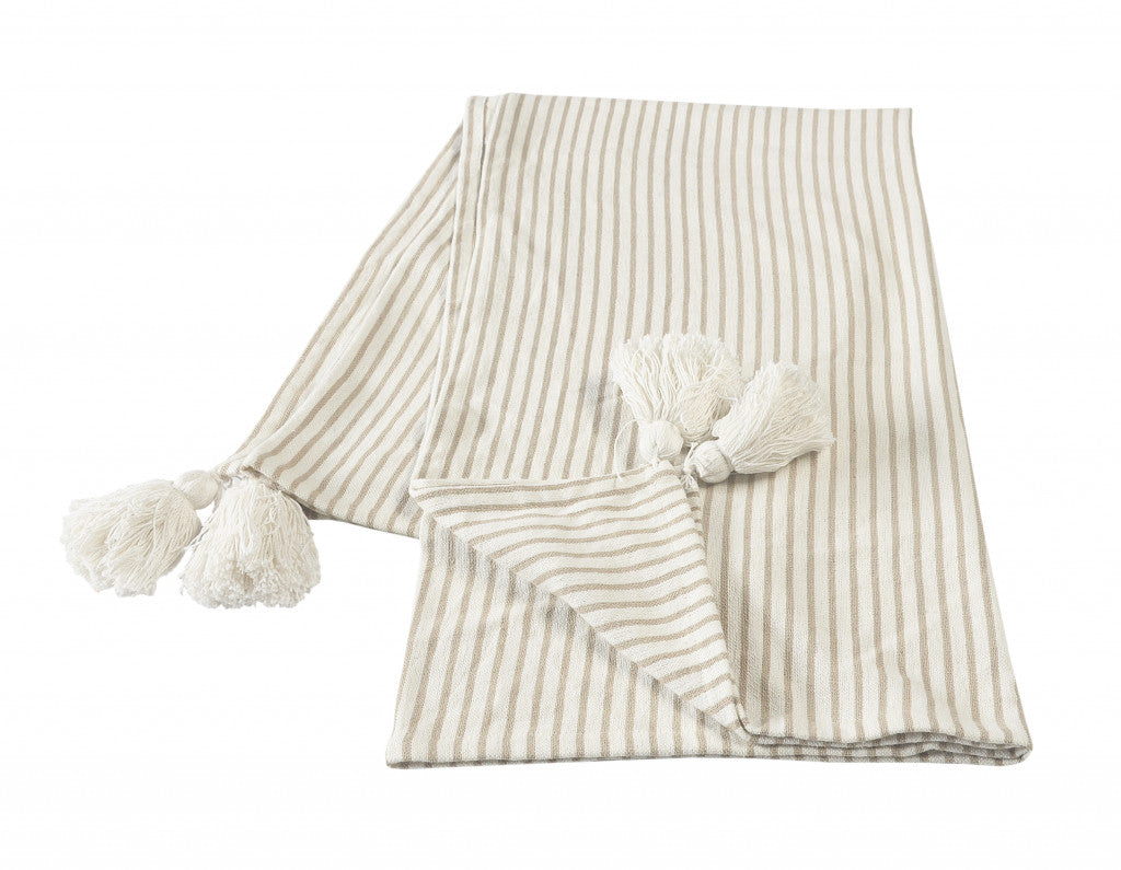 50" X 60" Gray and White Woven Cotton Striped Throw Blanket with Tassels