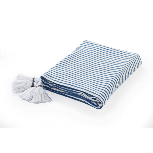 Blue and White Woven Cotton Striped Throw Blanket