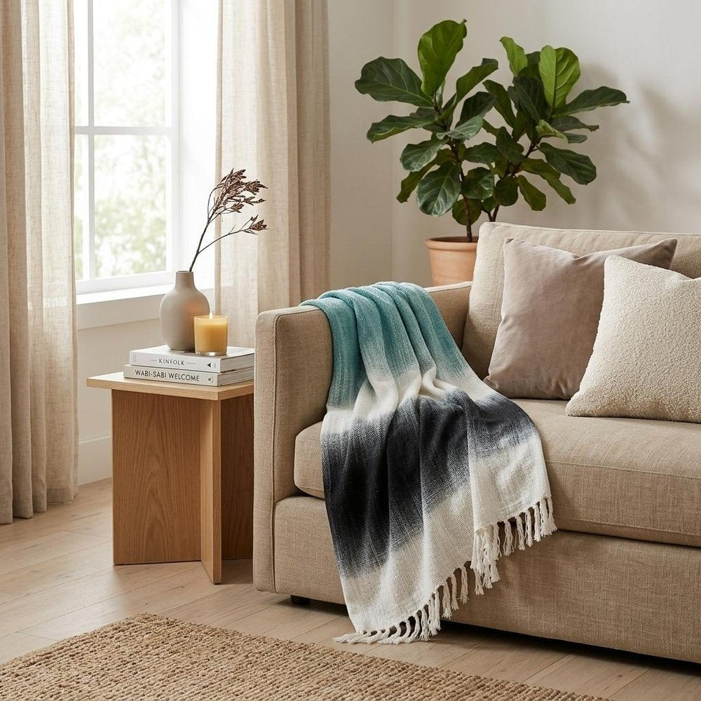 50" X 60" Black and White Woven Cotton Ombre Throw Blanket with Fringe