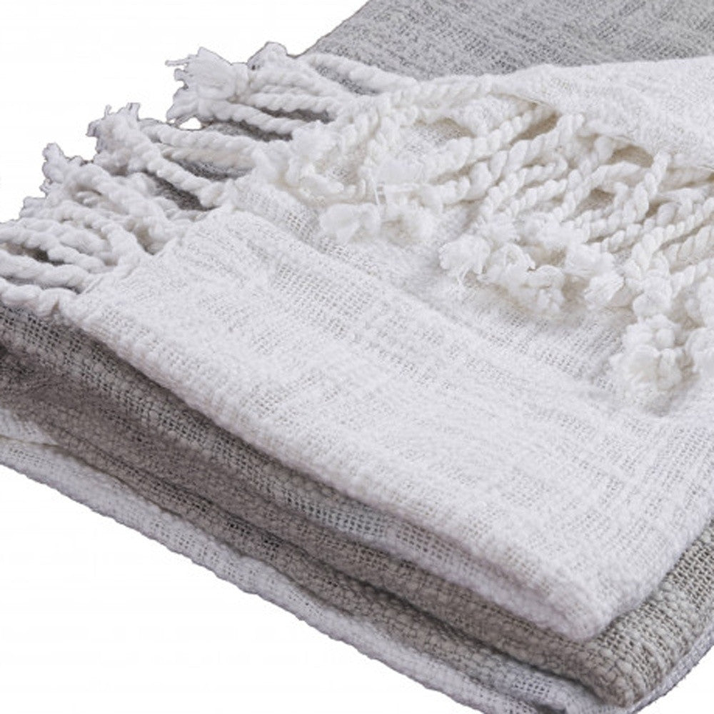 Gray and White Woven Cotton Ombre Throw Blanket
