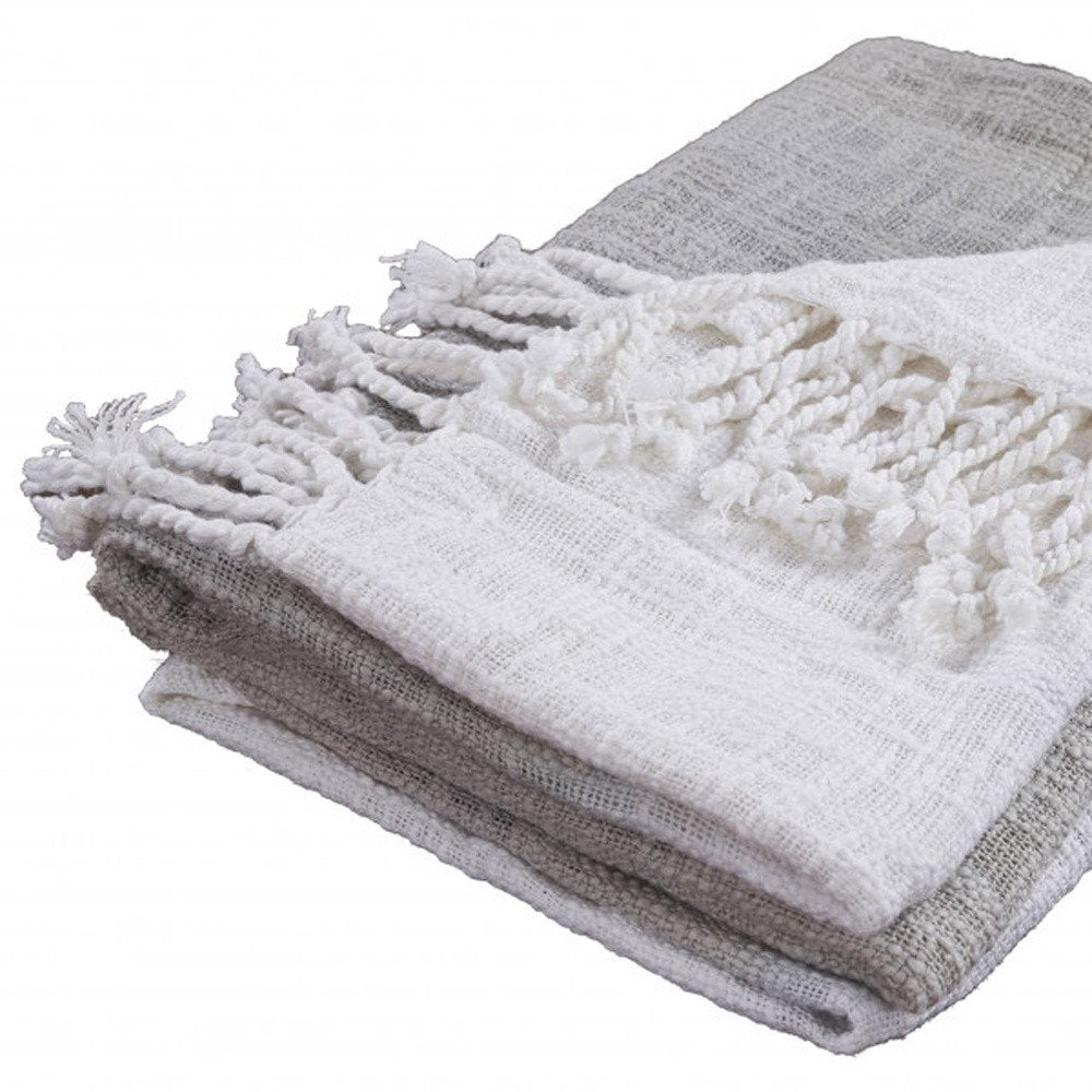 50" X 60" Gray and White Woven Cotton Ombre Throw Blanket with Fringe