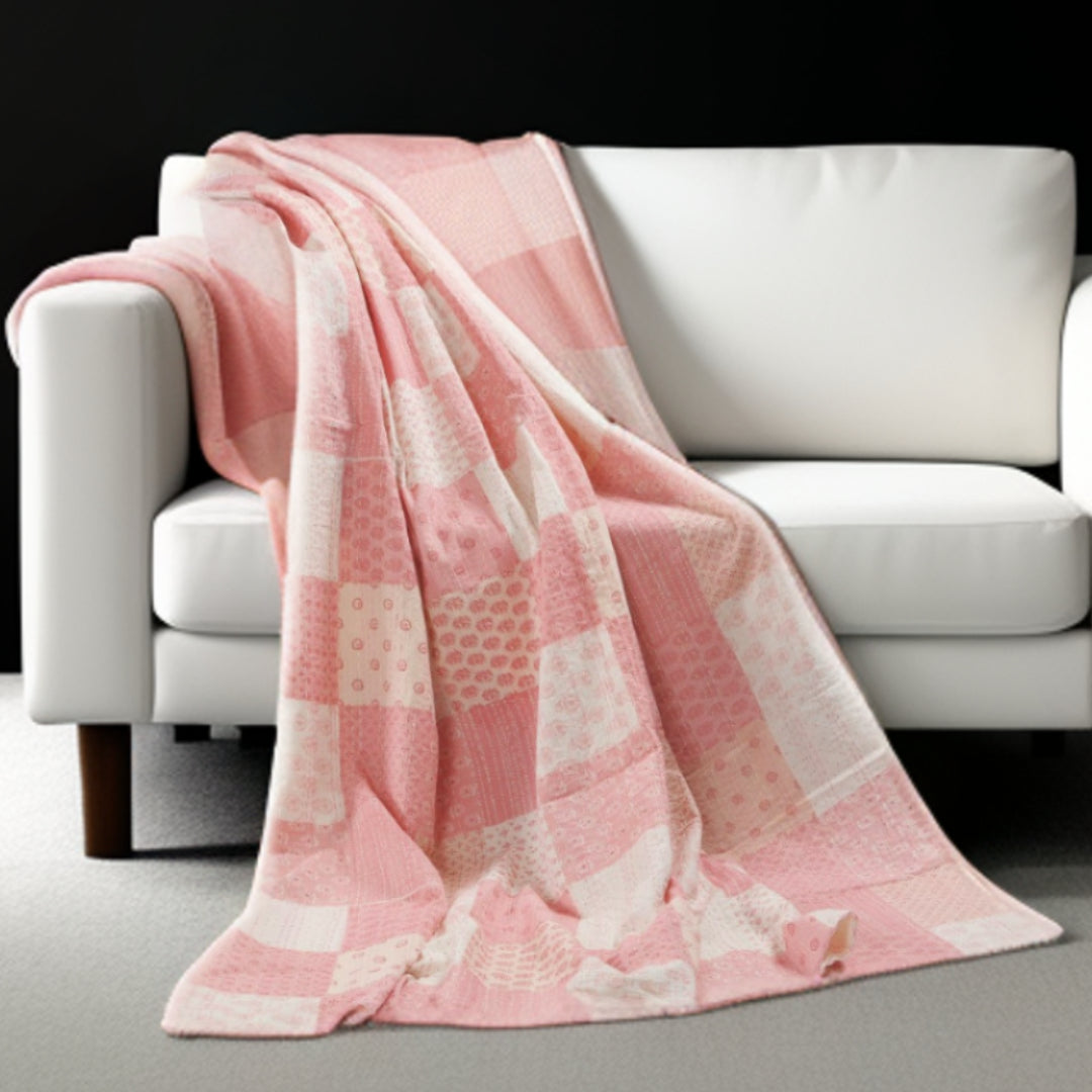 Pink Knitted Cotton Patchwork Throw Blanket