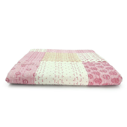 70" X 50" Blue Kantha Silk Patchwork Throw Blanket with Embroidery