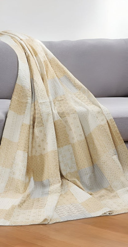 70" X 50" Blue Kantha Silk Patchwork Throw Blanket with Embroidery