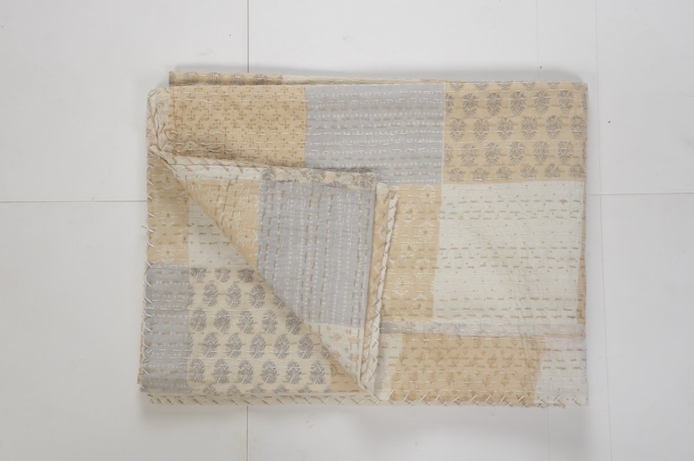 70" X 50" Blue Kantha Silk Patchwork Throw Blanket with Embroidery