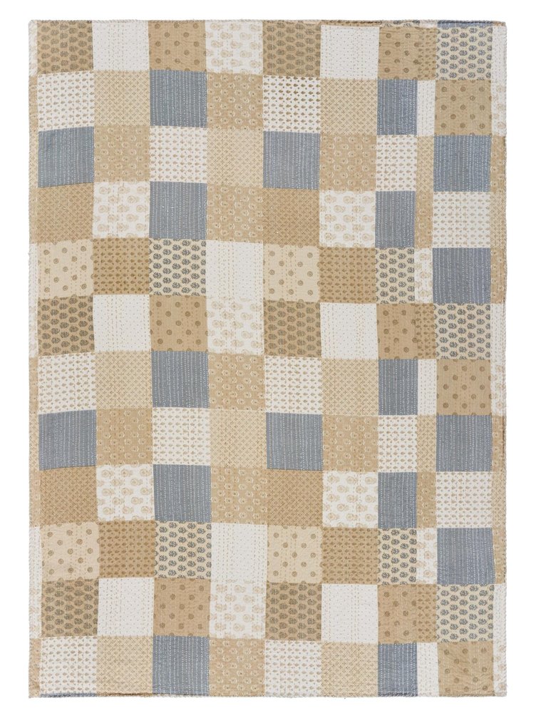 70" X 50" Blue Kantha Silk Patchwork Throw Blanket with Embroidery