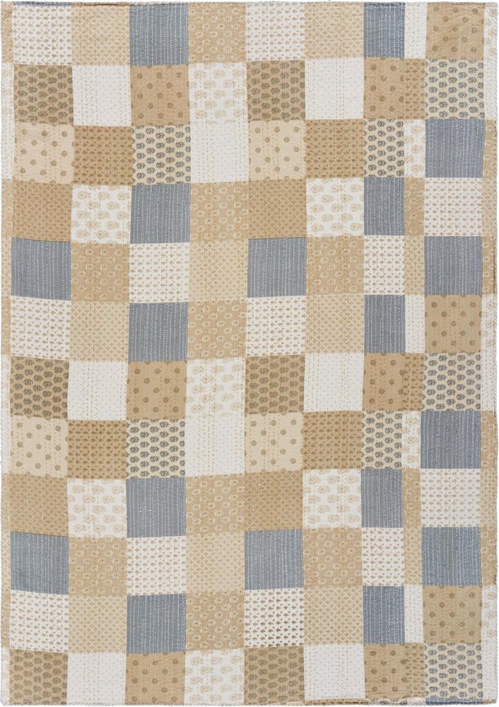 70" X 50" Blue Kantha Silk Patchwork Throw Blanket with Embroidery