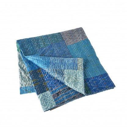 70" X 50" Blue Kantha Silk Patchwork Throw Blanket with Embroidery
