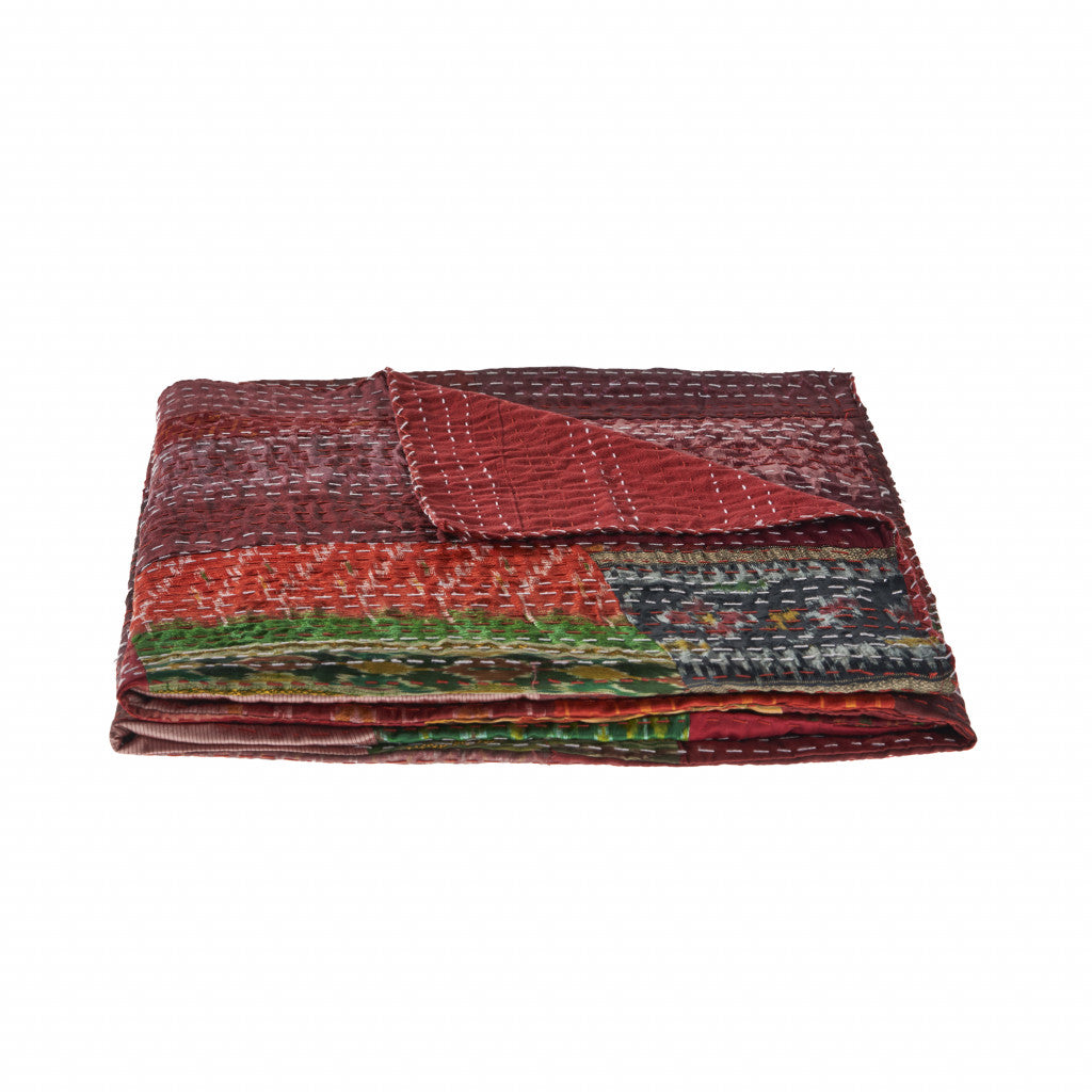 Red Knitted Silk Patchwork Throw Blanket
