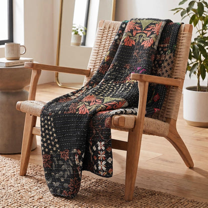 70" X 50" Black Kantha Cotton Patchwork Throw Blanket with Embroidery
