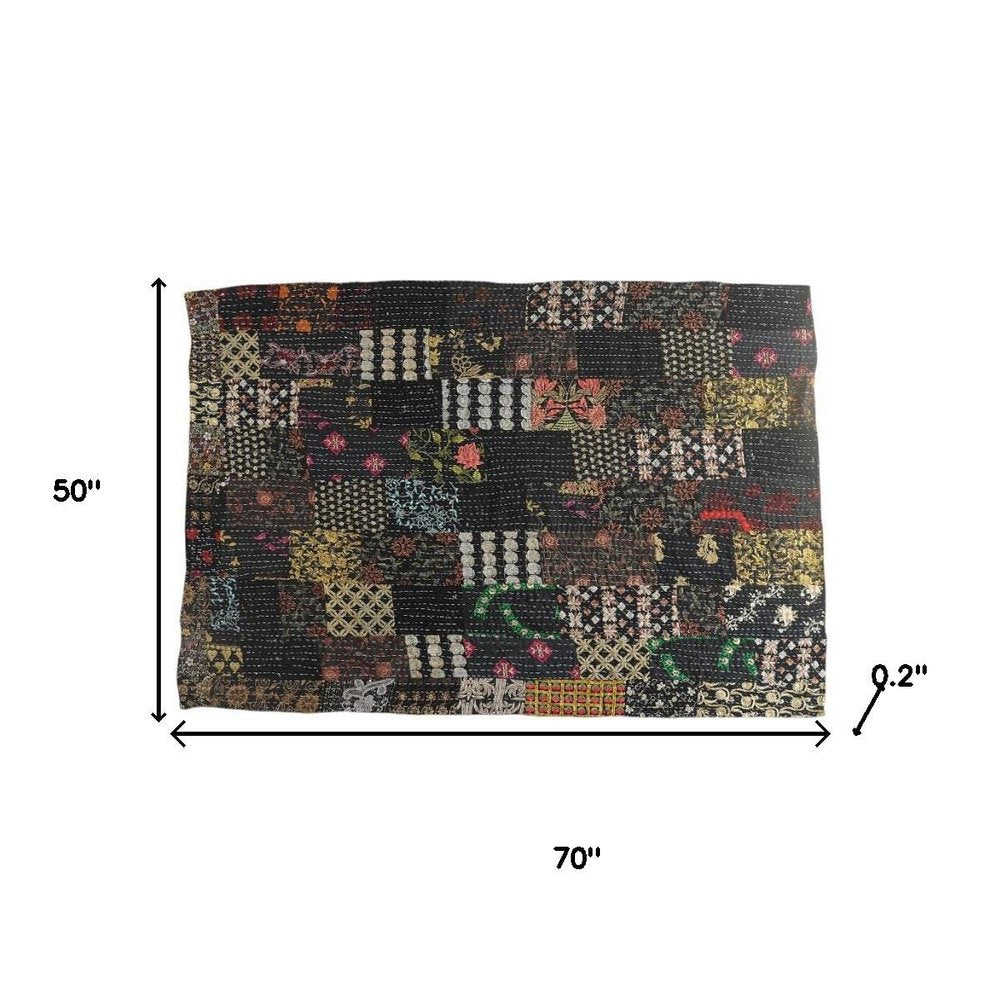 70" X 50" Black Kantha Cotton Patchwork Throw Blanket with Embroidery