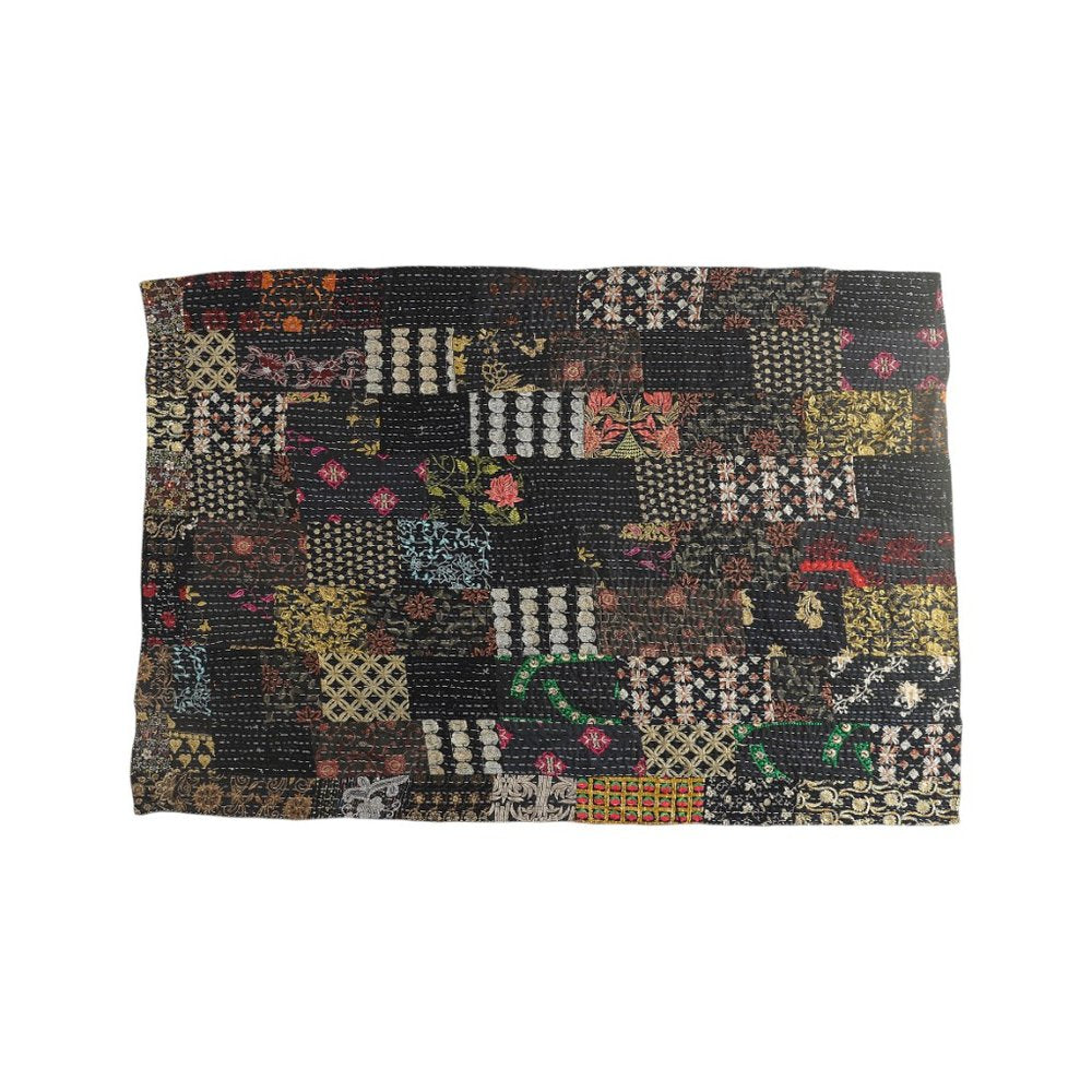 70" X 50" Black Kantha Cotton Patchwork Throw Blanket with Embroidery