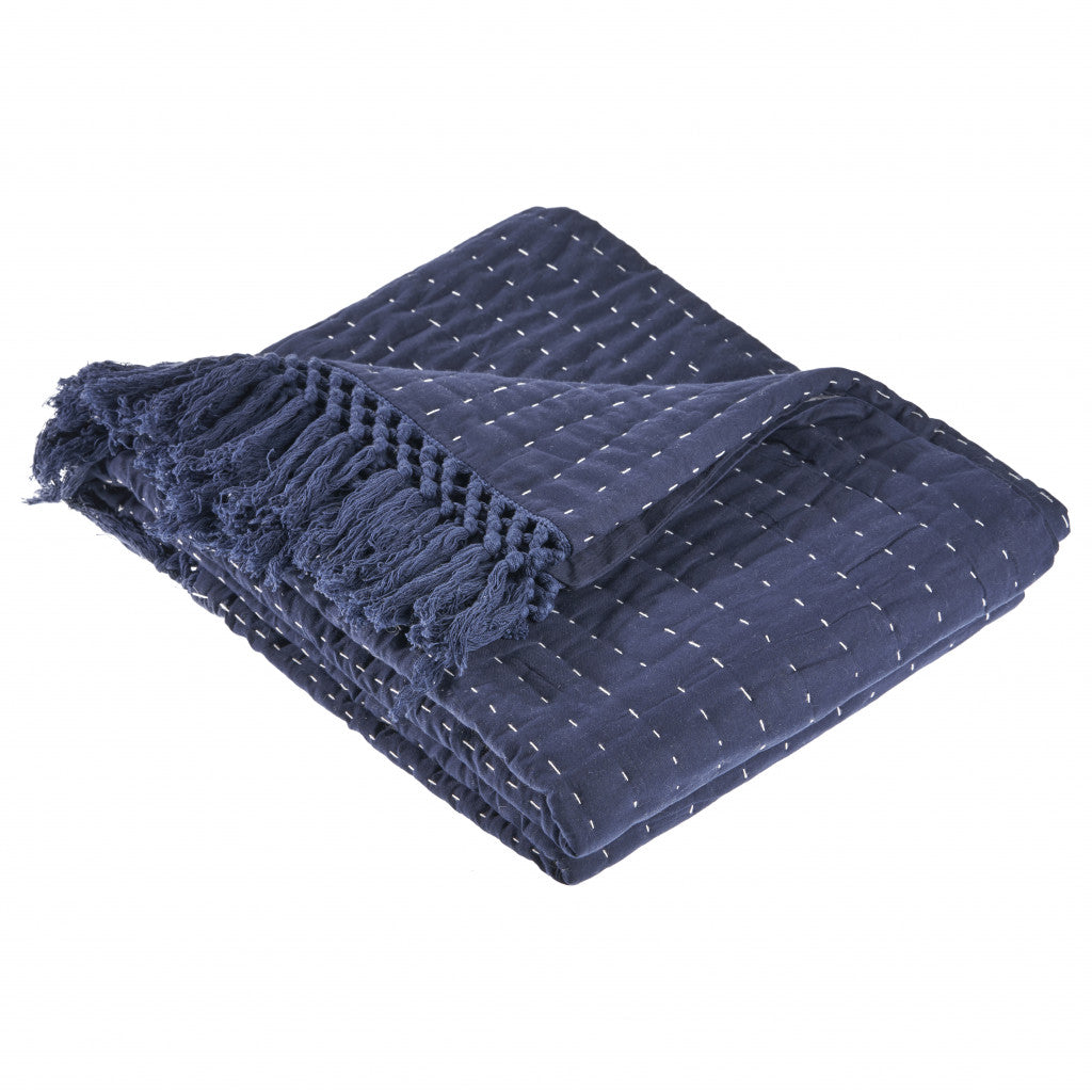 Blue Woven Cotton Solid Color Throw Blanket