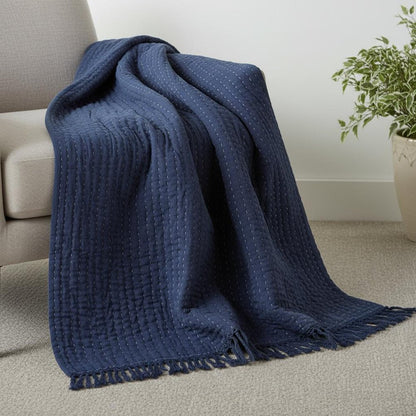 60" X 50" Blue Kantha Cotton Throw Blanket with Embroidery