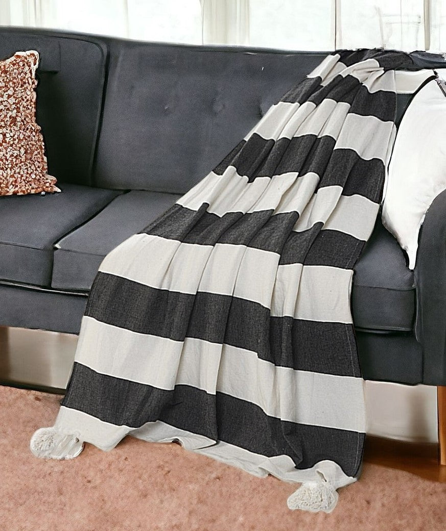 50" X 60" Gray and White Woven Cotton Striped Throw Blanket with Tassels