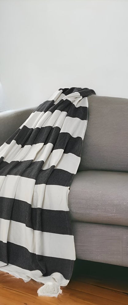 50" X 60" Blue and White Cotton Woven Striped Throw Blanket with Tassels