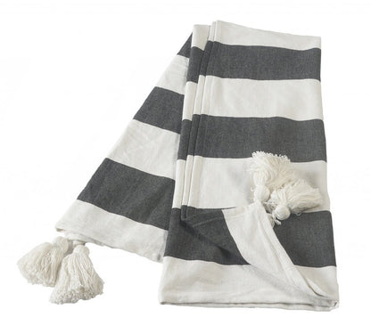 50" X 60" Blue and White Cotton Woven Striped Throw Blanket with Tassels