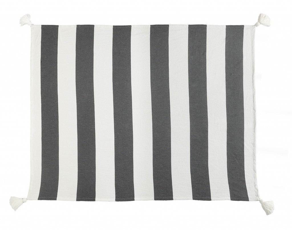 Gray and White Woven Cotton Striped Throw Blanket