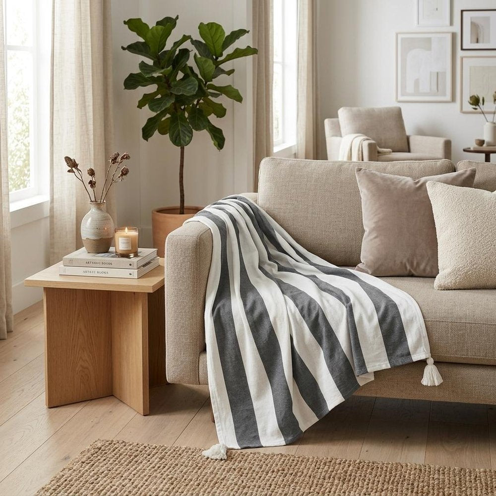 50" X 60" Gray and White Woven Cotton Striped Throw Blanket with Tassels