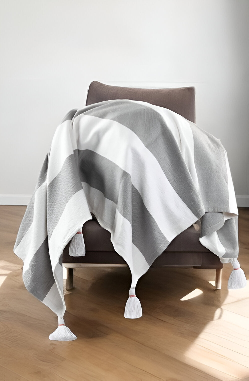 50" X 60" Gray and White Woven Cotton Striped Throw Blanket with Tassels