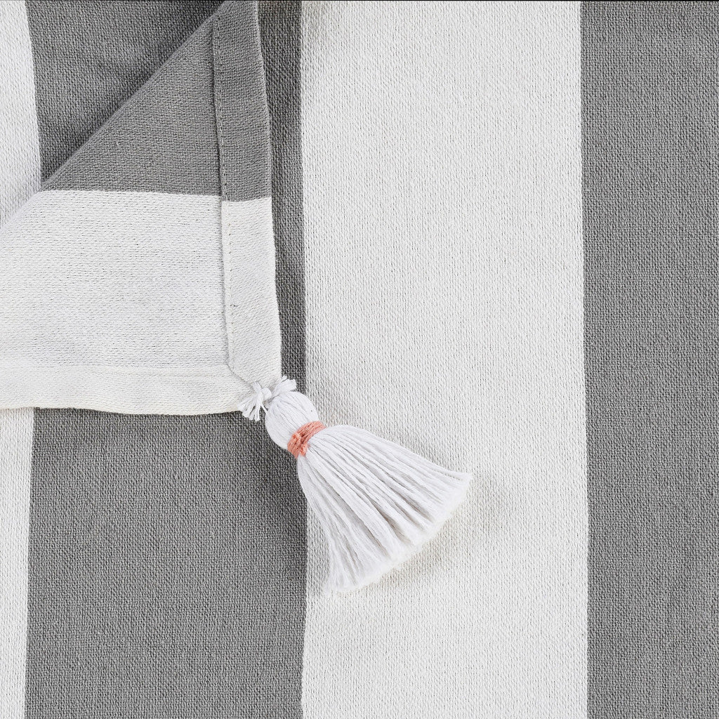 50" X 60" Gray and White Woven Cotton Striped Throw Blanket with Tassels