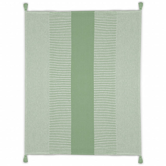 60" X 50" Green Woven Cotton Striped Throw Blanket with Tassels