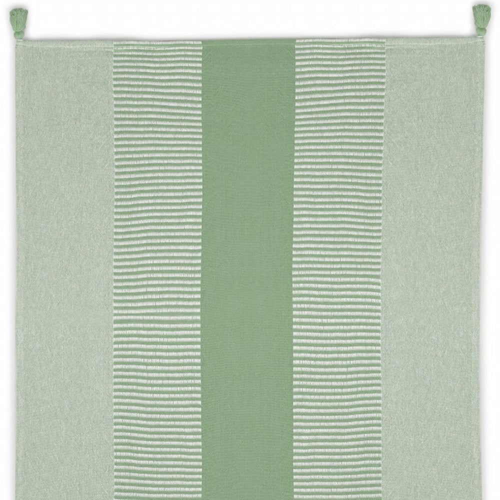 60" X 50" Green Woven Cotton Striped Throw Blanket with Tassels