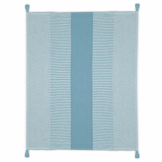 60" X 50" Green Woven Cotton Striped Throw Blanket with Tassels