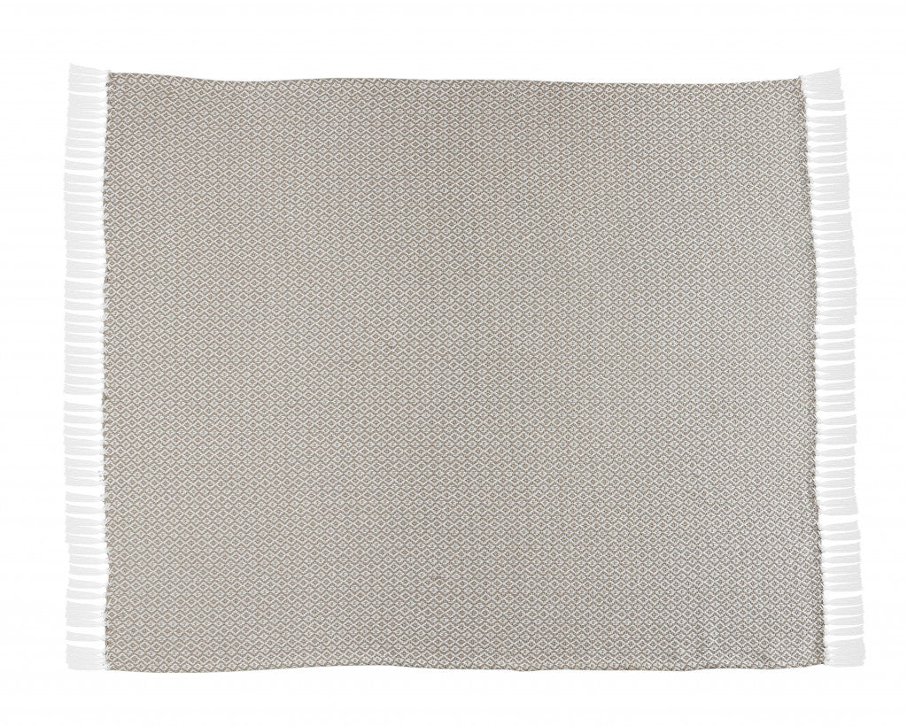 Gray and White Woven Cotton Geometric Throw Blanket