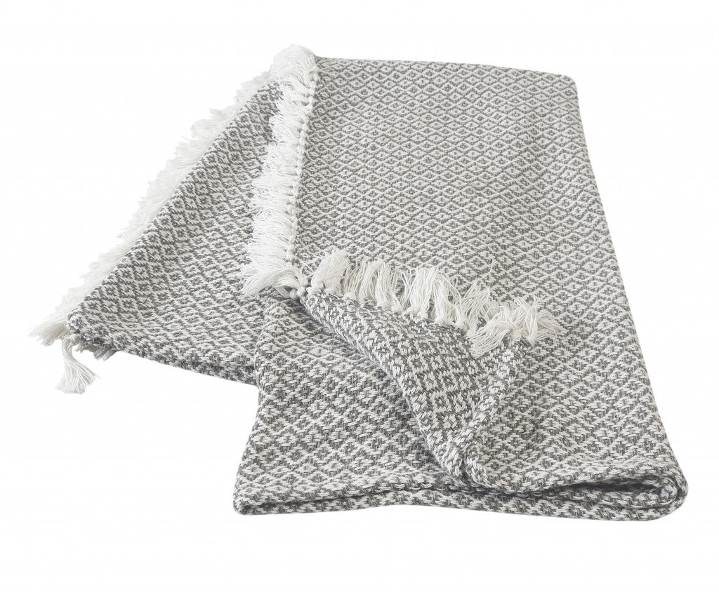 50" X 60" Gray and White Woven Cotton Geometric Throw Blanket with Fringe