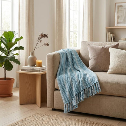 Blue and White Woven Cotton Striped Throw Blanket