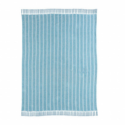 Blue and White Woven Cotton Striped Throw Blanket