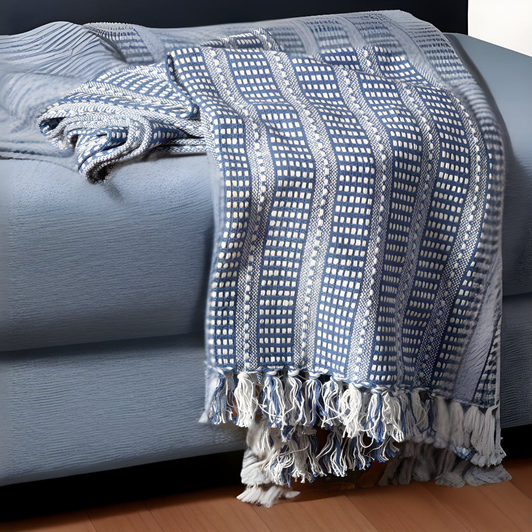 Blue and White Woven Cotton Striped Throw Blanket