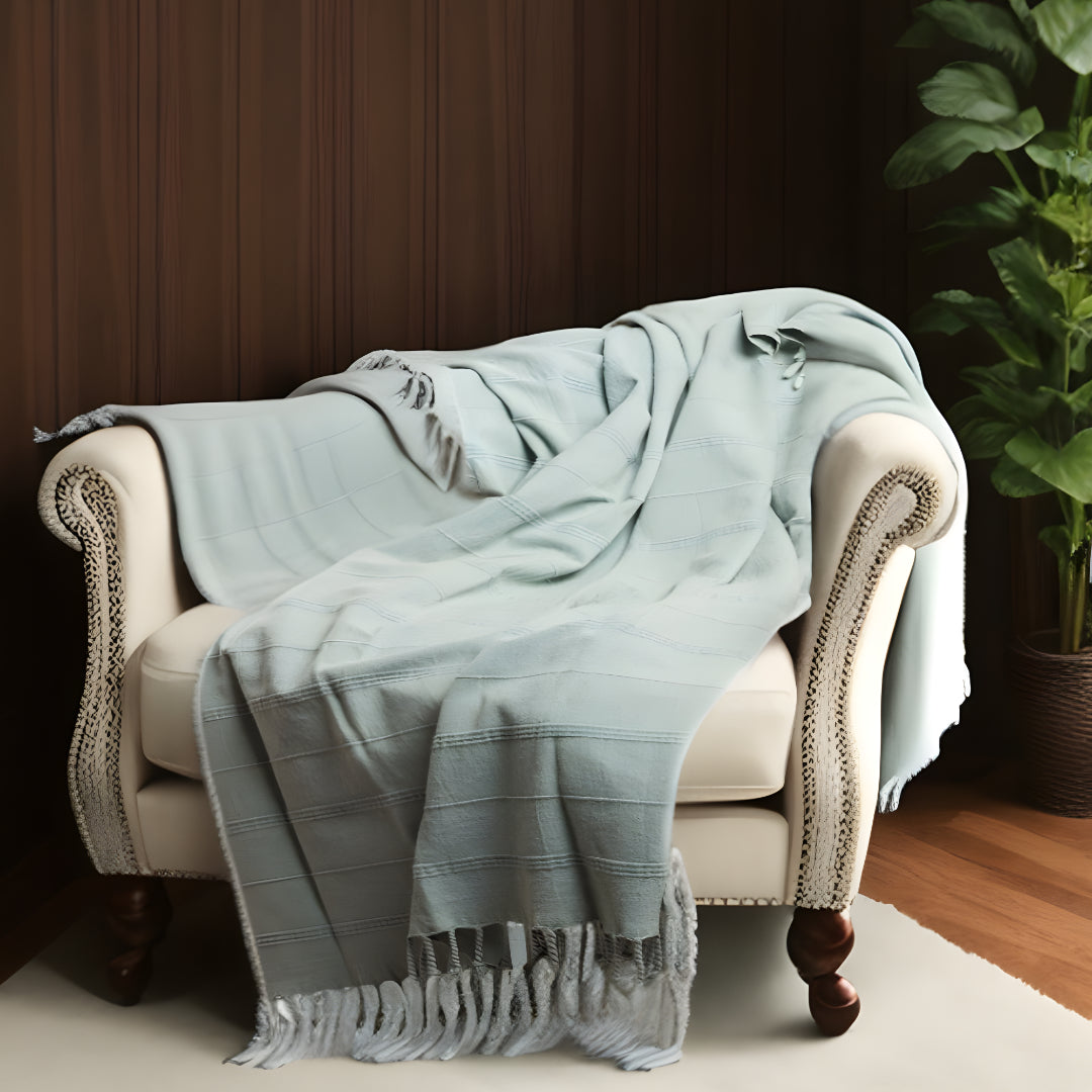 Beige Woven Cotton Striped Throw Blanket