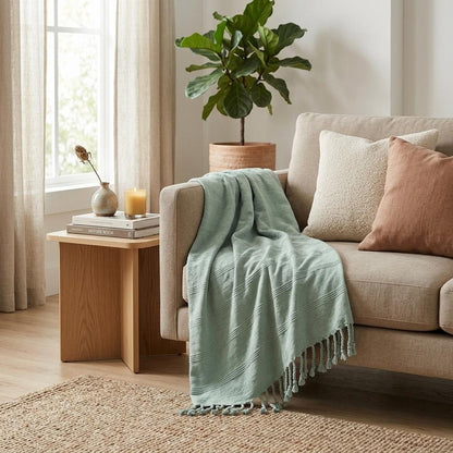 Gray Woven Cotton Striped Throw Blanket