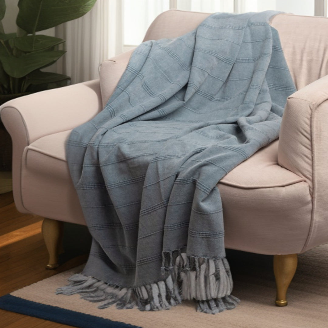 Beige Woven Cotton Striped Throw Blanket