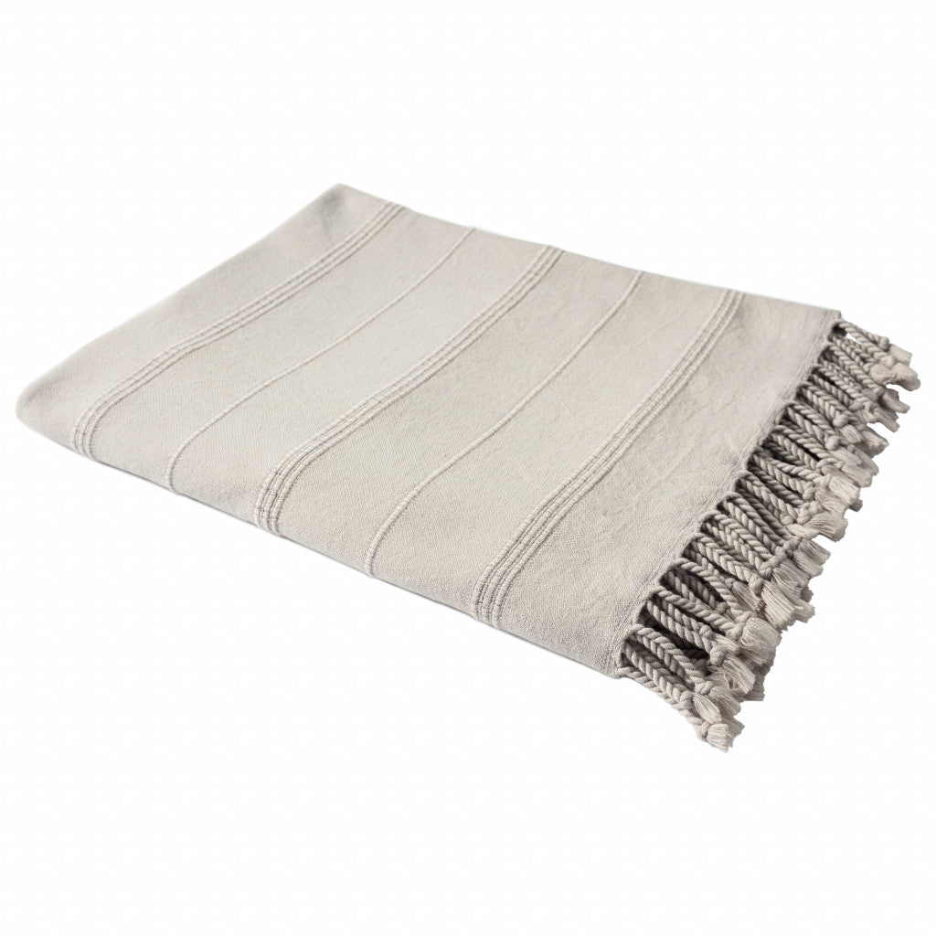 Beige Woven Cotton Striped Throw Blanket