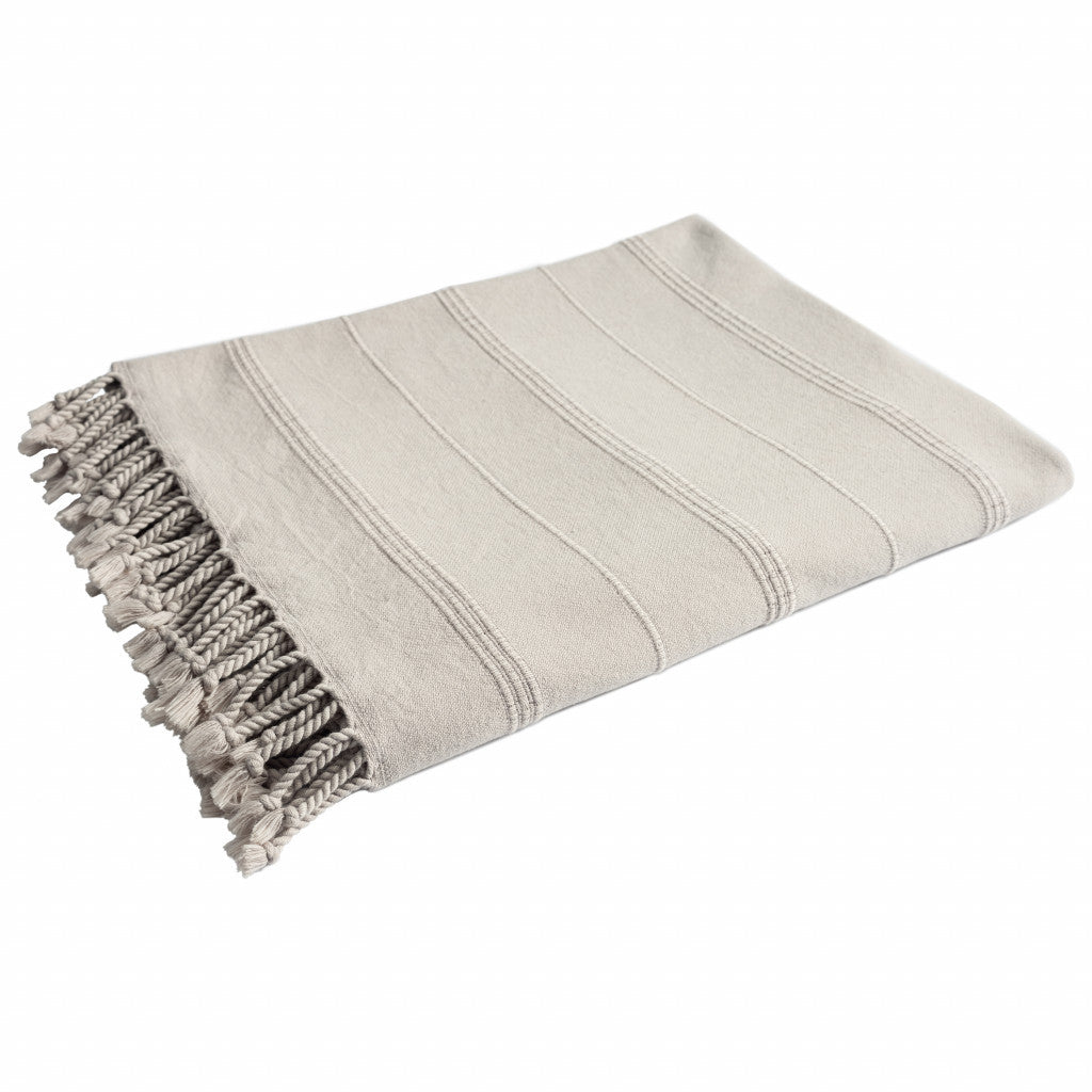 Beige Woven Cotton Striped Throw Blanket