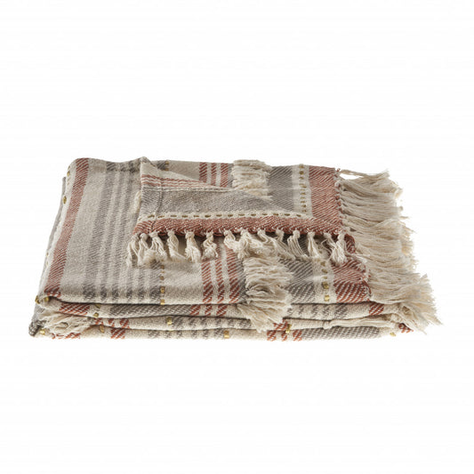 Beige Woven Cotton Striped Throw Blanket