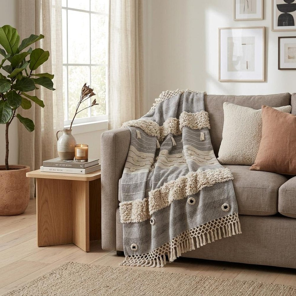 60" X 50" Gray Woven Cotton Striped Throw Blanket with Fringe