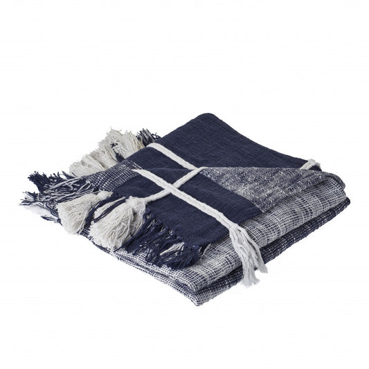 Blue and White Woven Cotton Checkered Throw Blanket