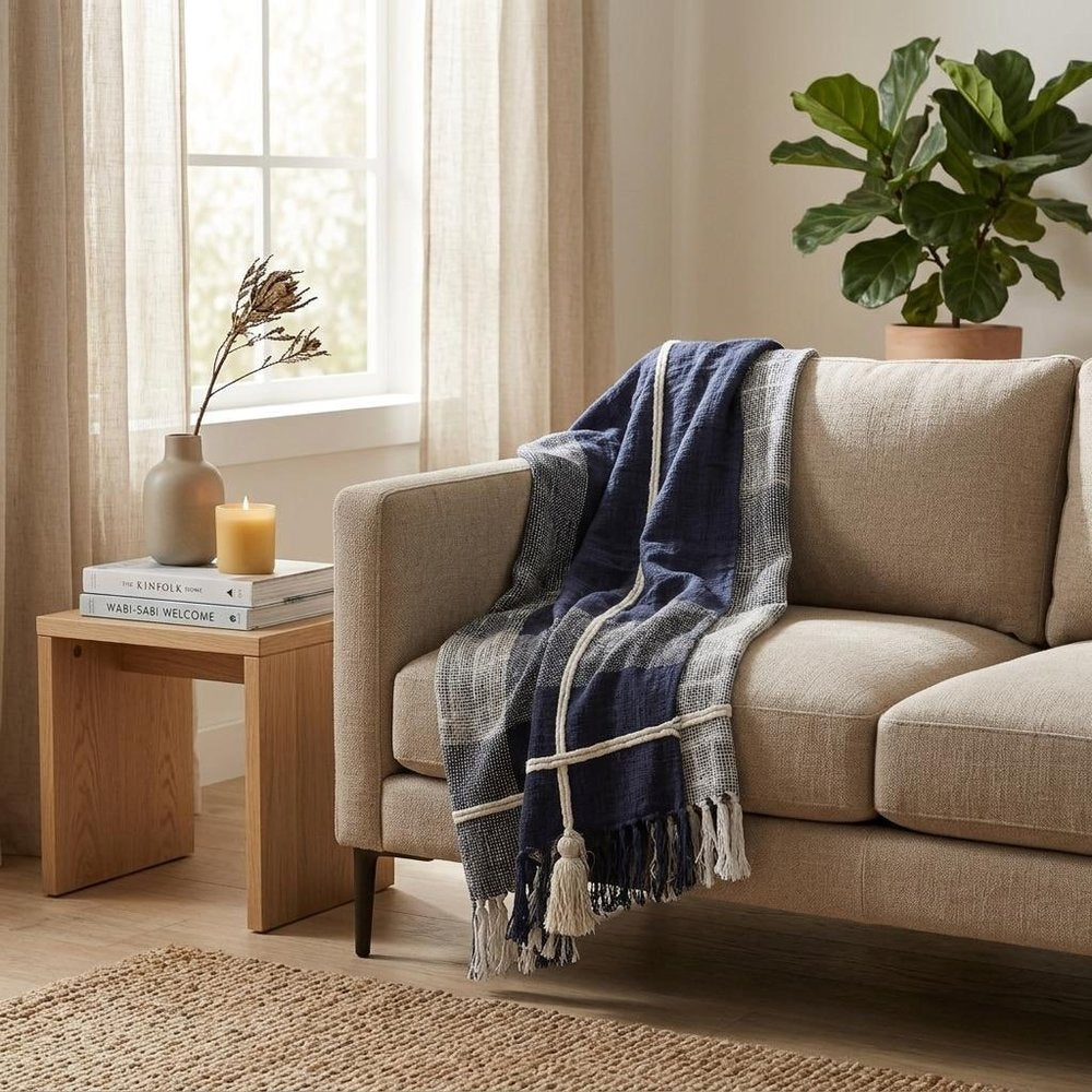 50" X 60" Blue and White Woven Cotton Checkered Throw Blanket with Tassels