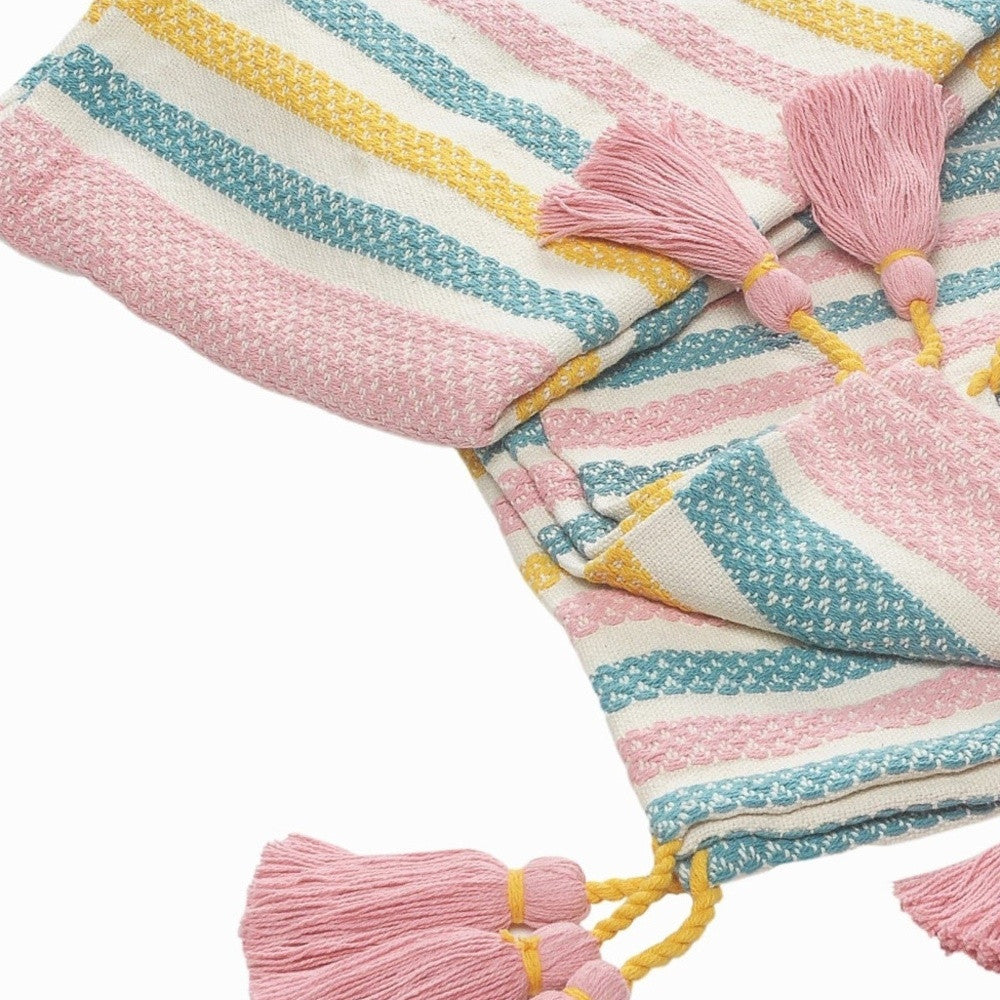 Blue and Pink Woven Cotton Striped Throw Blanket