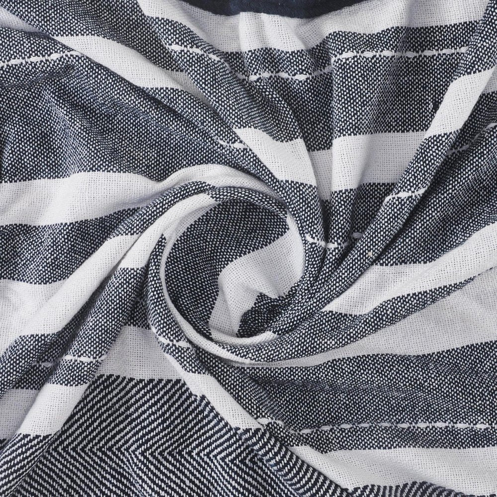 50" X 60" Blue and White Kantha Cotton Striped Throw Blanket with Embroidery