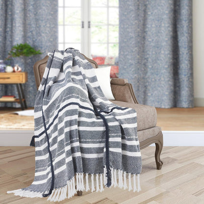 50" X 60" Blue and White Kantha Cotton Striped Throw Blanket with Embroidery