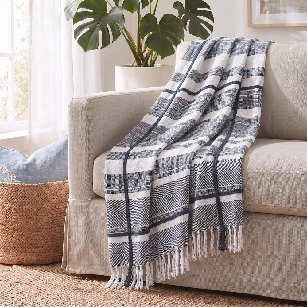 50" X 60" Blue and White Kantha Cotton Striped Throw Blanket with Embroidery